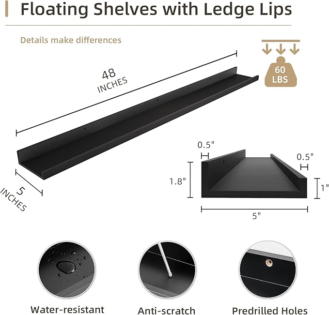 Picture Ledge Shelf, Wood Long Floating Shelves for Wall, Set of 2, 48 inch Picture Ledge Shelves, Photo Ledge Nursery Book Shelves Wall Mounted for Living Room Kids' Room Bedroom, Color Black