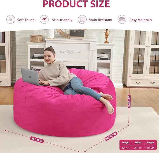 3FT Bean Bag Chair, Comfy Bean Bag Chairs with Memory Foam Filled, Fluffy Beanbag Sofa with Dutch Velvet Cover, Round BeanBag Chairs for Living Room, Playroom - Pink