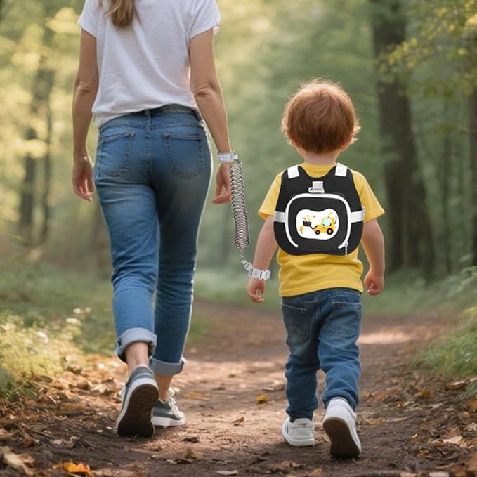 Accmor Toddler Harness Leash, Cute Excavator Child Walking Harness Tether Wristband Assistant Strap Belt Protector for Baby Boys, Collapsible Kids Leash + Anti Lost Wrist Link for Outdoor Travel Black