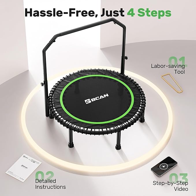 BCAN 40"/48" Mini Rebounder Trampoline for Adults with Bar, 450/550LBS Fitness Trampoline with Bungees, Adjustable Handle, Stable & Quiet, Indoor Outdoor, Whole-Body Workout & Relaxation at Home