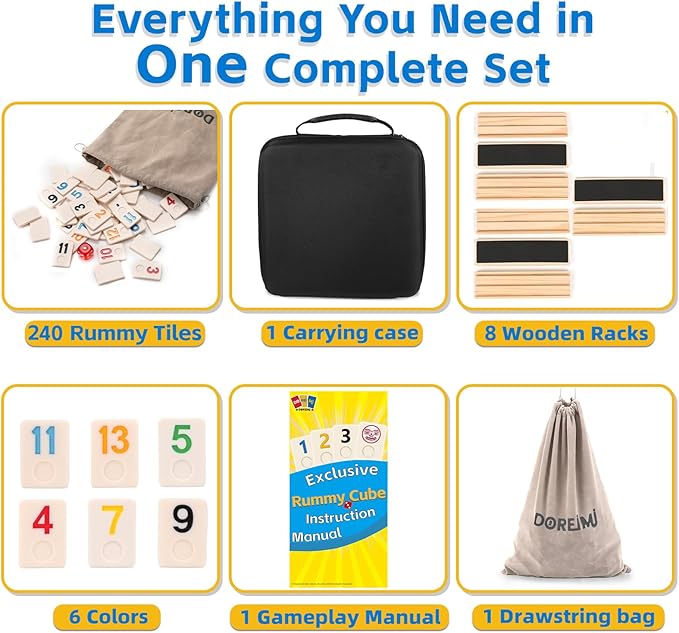 Deluxe Rummy Cube Game Set 6-8 Players with 8 Wooden Racks and 240 Melamine Rummy Tiles, Travel Family Board Game for Adults and Kids