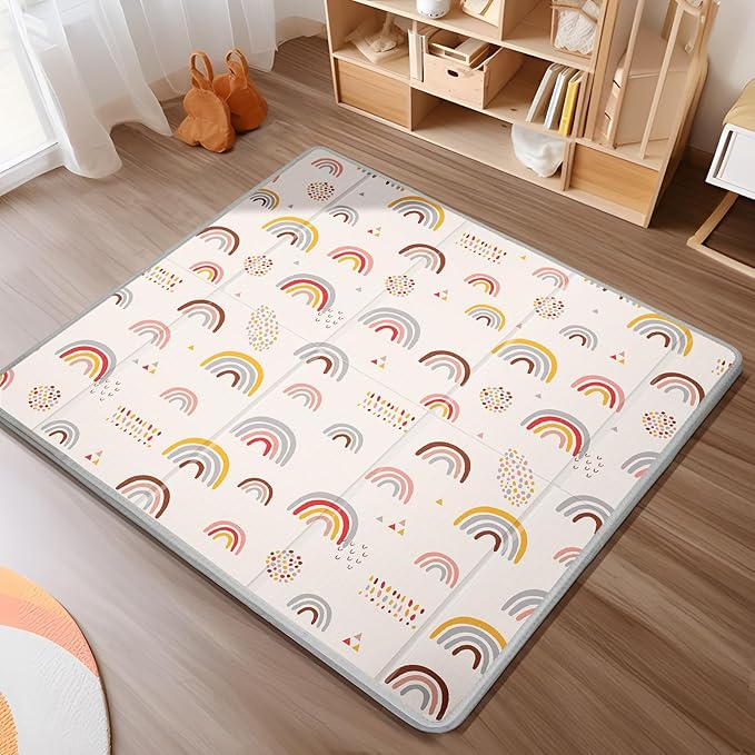Foldable Baby Play Mat, PIGLOG 50x50 Playpen Mat, Waterproof Playmats for Babies and Toddlers Kids, Safe Foam Playmat for Tummy Time, Reversible Portable Baby Floor Mat for Infant, Colorful+Rain