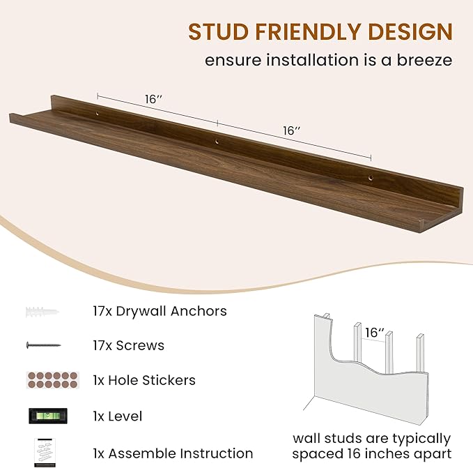 Axeman Picture Ledge Shelf, Floating Shelves for Wall Decor Storage Set of 6, 48 inch Floating Wall Mounted Shelves, Wall Shelves with Lip for Living Room, Bedroom, Nursery, Bathroom, Kitchen, Walnut