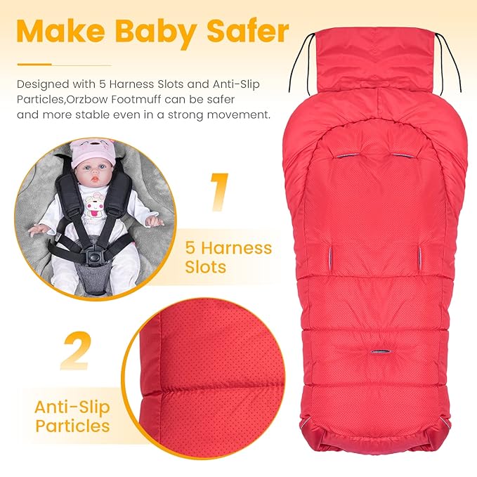 Orzbow Warm Bunting Bag Universal,Stroller Sleeping Bag Cold Weather,Waterproof Toddler Footmuff(Red,Large)