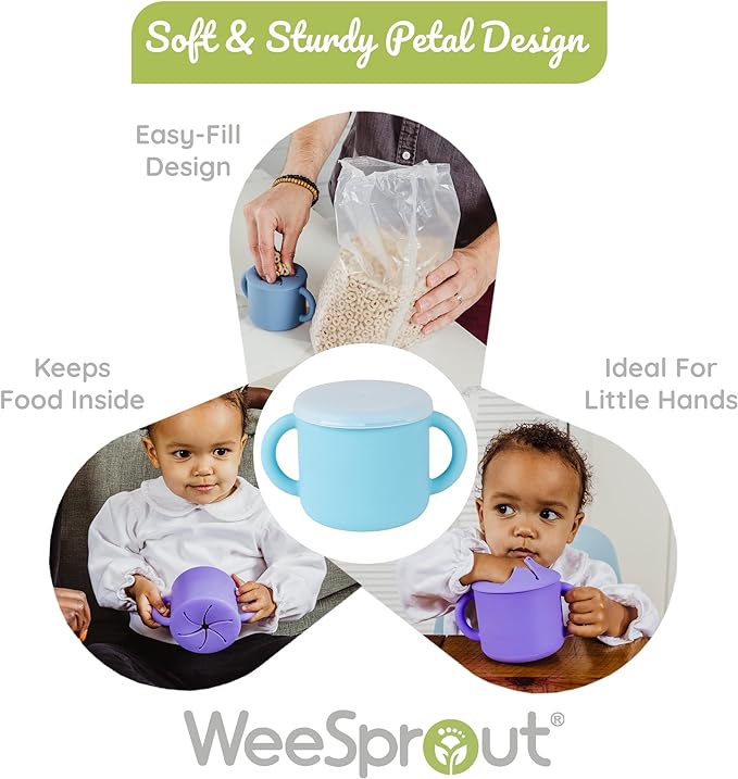 WeeSprout Snack Containers, Food Grade Silicone Cups, Spill-Proof Tops For Toddlers and Babies, Premium Hard Plastic Travel Lids, Dishwasher Safe, Set of 2 Snack Catchers