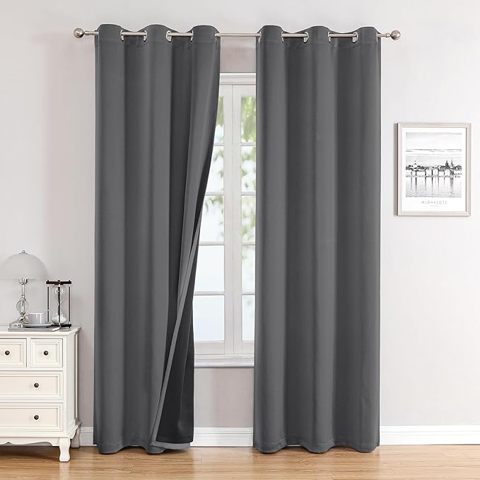ChrisDowa 100% Blackout Curtains 72 inch Long for Bedroom with Black Liner, 2 Thick Layers Total Blackout Thermal Insulated Grommet Window Curtains 2 Panels Set (Grey, 42 x 72 Inch)