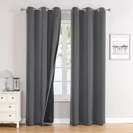 ChrisDowa 100% Blackout Curtains 84 inch Long for Bedroom with Black Liner, 2 Thick Layers Total Blackout Thermal Insulated Grommet Window Curtains 2 Panels Set (Grey, 38 x 84 Inch)