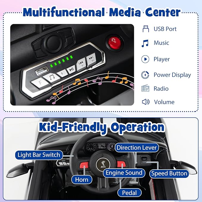 Costzon Ride on Car, 12V Licensed Ford Mustang Shelby GT500 Kids' Electric Vehicles w/Remote Control, USB Port, Radio, Music, Player, High Low Speed & Soft Start, Racing Kids Car for Toddler (Black)