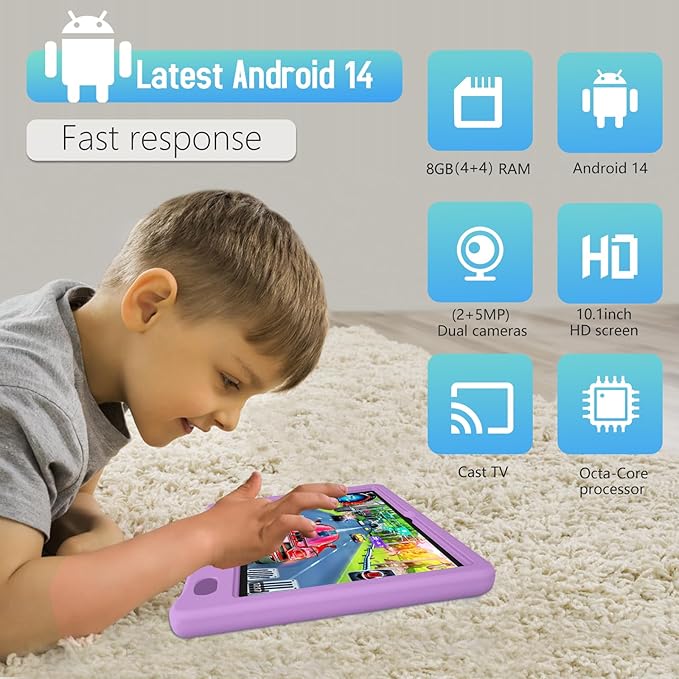 Tablet for Kids 10.1 inch Android 14, 8GB+64GB(TF 1TB) 6000mAh Kids Tablet WiFi6 Parental Control,Face Unlock, 1280 * 800 HD Screen (Purple)