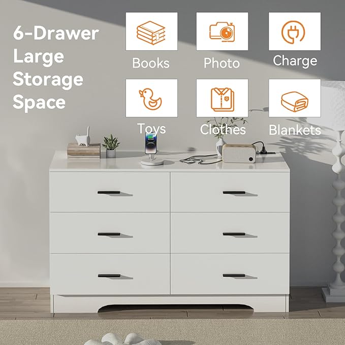 Dresser with Power Outlets Wooden 6 Drawer Dresser with USB and Type C Port Chest of Drawers for Bedroom Tall White Storage Organizer for Living Room Hallway Closet