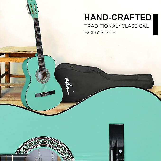 ADM Beginner Acoustic Classical Guitar 38 Inch Nylon Strings Wooden Guitar Bundle Kit for Kid Boy Girl Student Youth Guitarra Online Lessons with Gig Bag, Strap, Tuner, Strings, Cyan Green