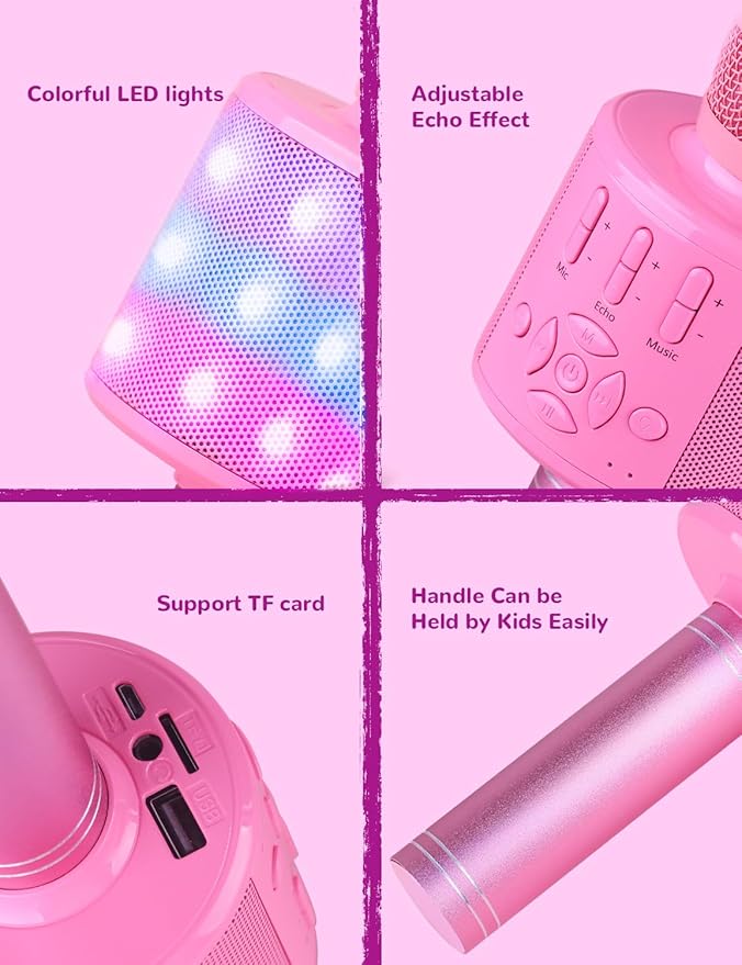 Amazmic Toys for Girls, Kids Karaoke Microphone Toddler Microphone for Kids with Lights, Birthday Gift for Girls, Boys Toy Age 3 4 5 6 7 8 9 10-14+(Pinkcolor)