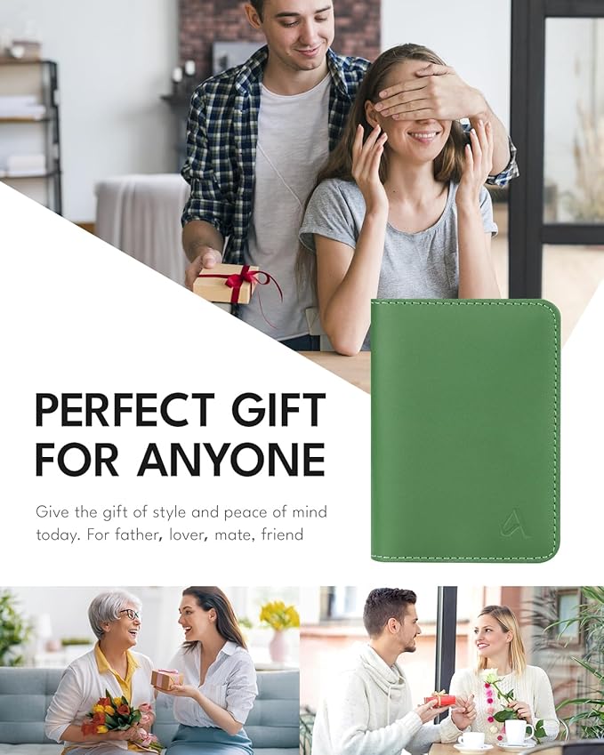 ALLIVE Passport Holder for Travel Women Men,Genuine Leather Passport Cover Wallet,Travel Must Haves Airport Essentials Travel Gifts Green