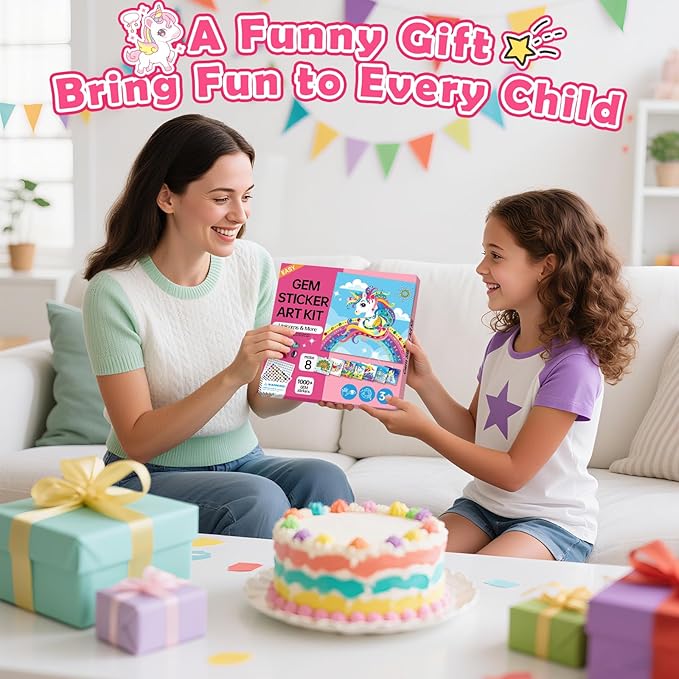 Gem Art Sticker Kit, Arts and Crafts for Kids Age 4-12, 8 Unicorn Princess Themes Diamond Art Kit, Gemstone Sticker Crafts Christmas Birthday Gifts for Girls Ages 4,5,6,7,8 Year Old (Pink-Unicorn)
