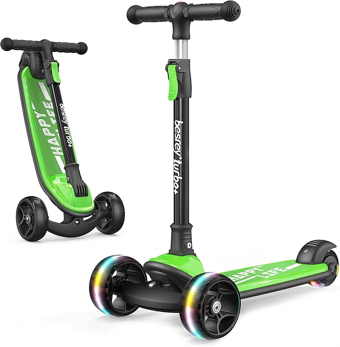 Besrey Kick Scooter for Kids Ages 3-10, 3-Wheel Folding Scooter with Adjustable Height, LED Light Wheels, Extra Wide Deck for Outdoor Activities