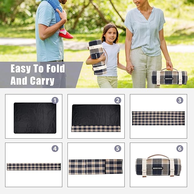 G GOOD GAIN Waterproof Picnic Blanket Portable with Carry Strap for Beach Mat or Family Outdoor Camping Party (Brown)