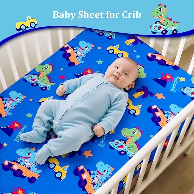 Cloele Dinosaur Crib Bedding Sets for Boys - 3 Piece Standard Size Baby Bedding Set Includes Crib Comforter Fitted Sheet Crib Skirt - Nursery Bedding Set for Boys and Girls