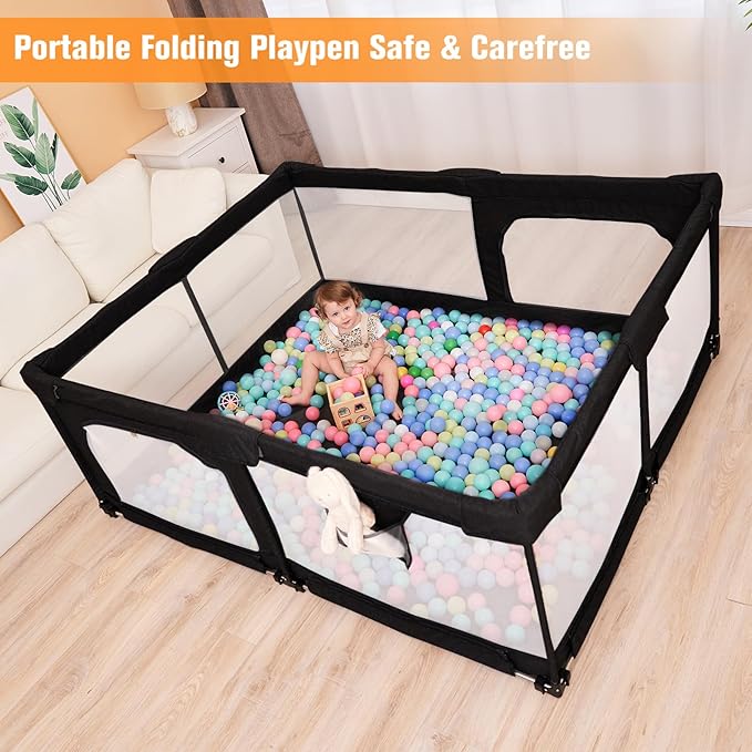 Foldable Baby Playpen with Gate, Extra Large Collapsible Play Yard for Babies & Toddlers, Portable Travel Play Pen with Fence, Safe Activity Center for Indoor & Outdoor Use (59"×71" Black)