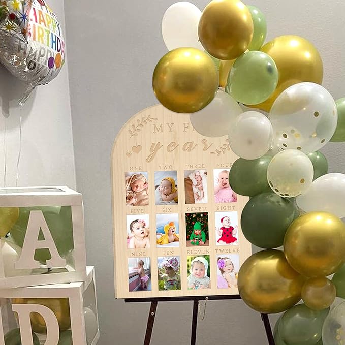 My First Year Photo Display Wood Board Baby's First Year Photo Frame Milestone Board 12 Months Baby Picture Frame 1st Birthday Nursery Decorations for Boy Girl Baby Keepsake Gift for Mom (2" x 3" photos - Wallet Size)