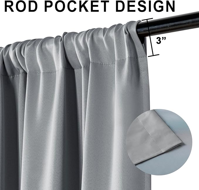 XWZO 100% Blackout Curtains - Extra Long Rod Pocket Thermal Insulated Black Liner Curtains, Noise Reducing and Heat Blocking Drapes for Bedroom with Tiebacks, Grey, W52 x L108, Set of 2