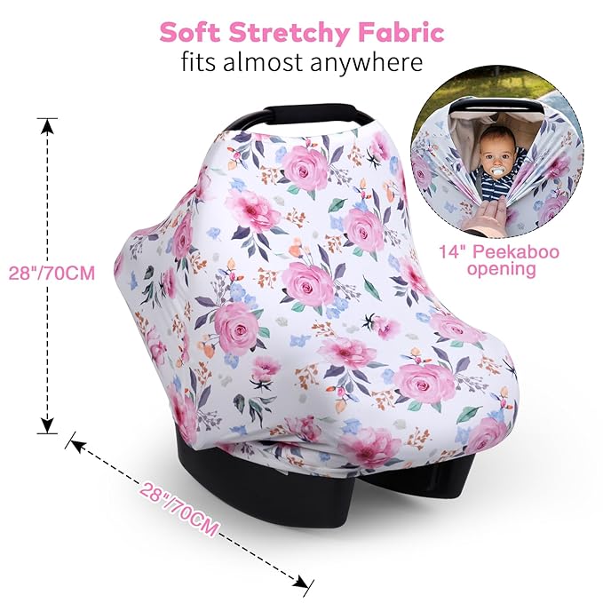 Rquite All-in-1 Car Seat Cover Baby, Carseat Covers for Girl Boy, Stretchy Soft Infant Car Seat Cover, Multi-use Baby Carrier Cover, Car Seat Canopy, Stroller Sun Shade, Nursing Breastfeeding Cover