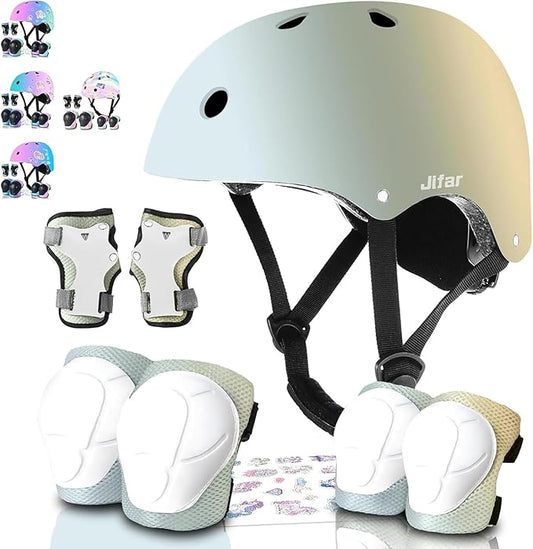 Adjustable Kids Bike Helmet with Knee & Elbow Pads Set, Color Gradient Design for Boys and Girls Aged 3-14+, for Skateboarding, Scooter, Roller & Inline Skating, Longboard