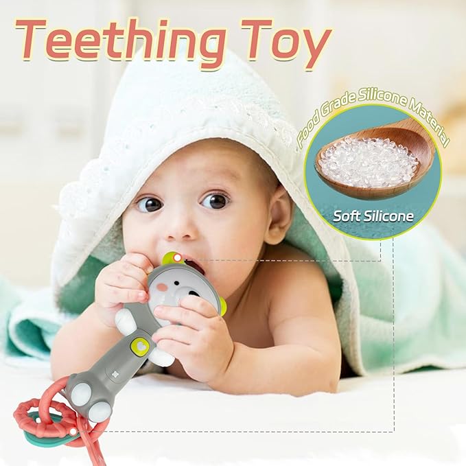 Baby Music Rattle, Teething Toys for Infants 6-12-18 Months Toddlers, Light-Up & Chew Sensory Toys for Baby Boy Girl Gifts (Grizzlies)