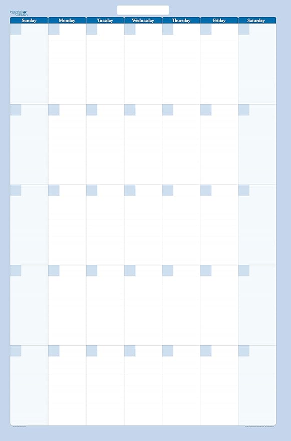 Vertical 56"h x 36"w blue 30-day/1-month dry-erasable wall planner calendar. Complete with dry-erase marker and eraser