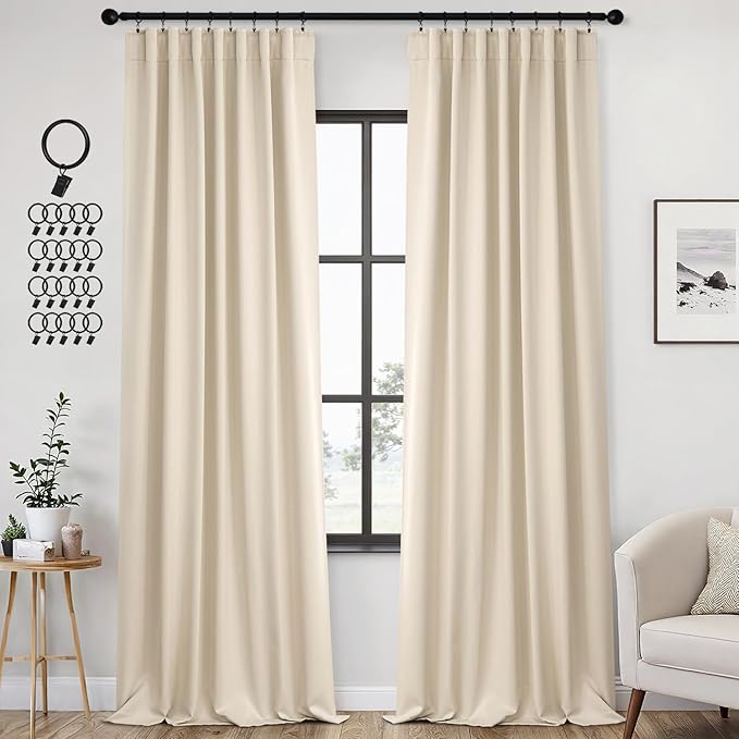 ANRODUO Back Tab Blackout Curtains for Bedroom Living Room, Rod Pocket Pinch Pleated Thermal Insulated Room Darkening Curtains 96 Inches Long 2 Panels, Cream Beige, 42 x 96 Inch