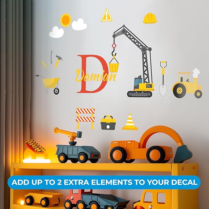 Custom Toddler Construction Crane Wall Decal I Personalized Name & Initial I Nursery Wall Decal for Toddler Room Decorations I Wall Sticker for Bedroom Wide 42"x35" Height (Shown) (Large)