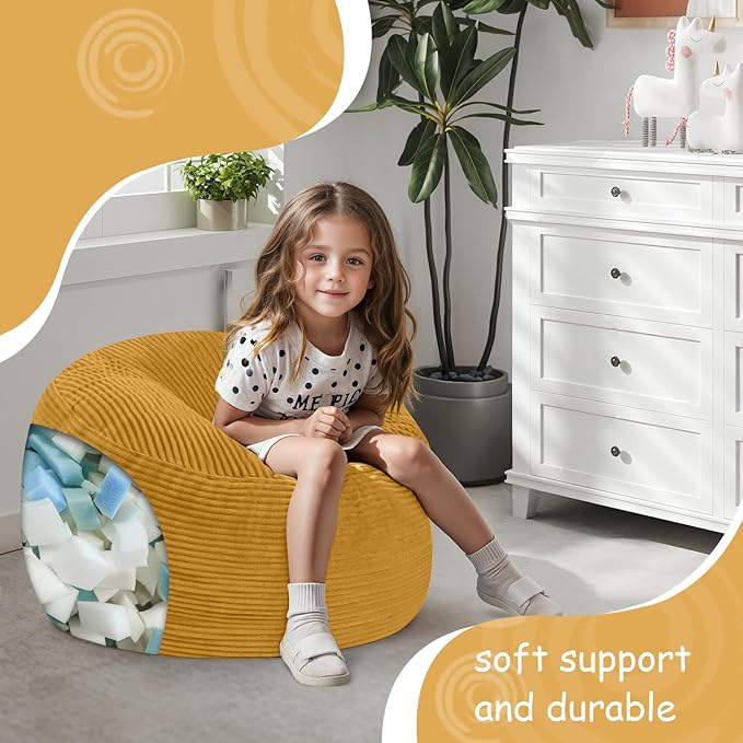 COMAX Kids Bean Bag Chair Turn into Beanbag Bed, Toddler Bean Chair Corduroy for Girl Boy Sleeping, Lazy Children Bean Bags with Filler, Convertible Child Floor Mattress, Yellow