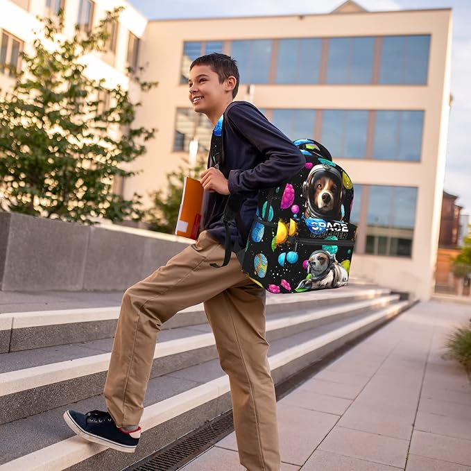 Funny Astronaut Dog Print Kids Backpack, Planet Space Galaxy Themed School Bag for Boys & Girls, Lightweight and Durable Bookbag for Age 5-12, Backpack Ideal for School & Outdoor Adventures