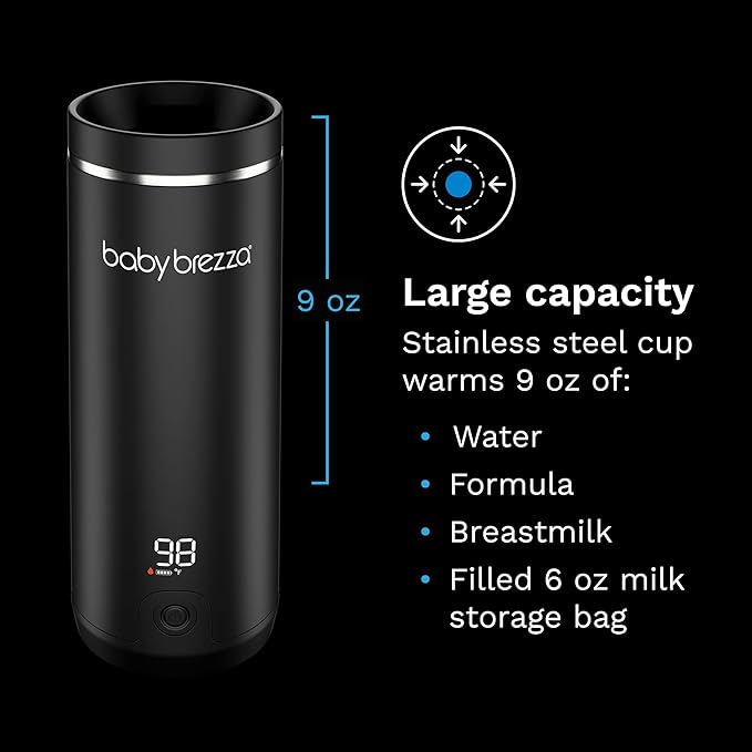 Baby Brezza SuperFast Portable Baby Bottle Warmer – 67% Faster - Travel Breastmilk Warmer and Formula Warmer - Safe, Even Heating - Up to 9oz - No Adapters, Black