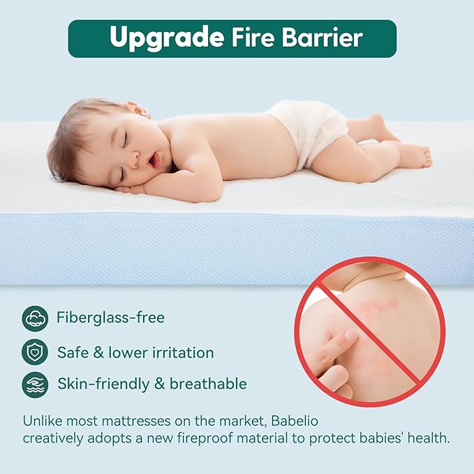 BABELIO Toddler Mattress for Crib Memory Foam 2 Stage Standard Size, with Removable Waterproof Cover Blue and White