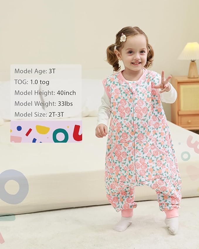 HOMEAL 1.0Tog Sleep Sack with Legs, Toddler Sleep Sacks 12M-2T, Pink Rose