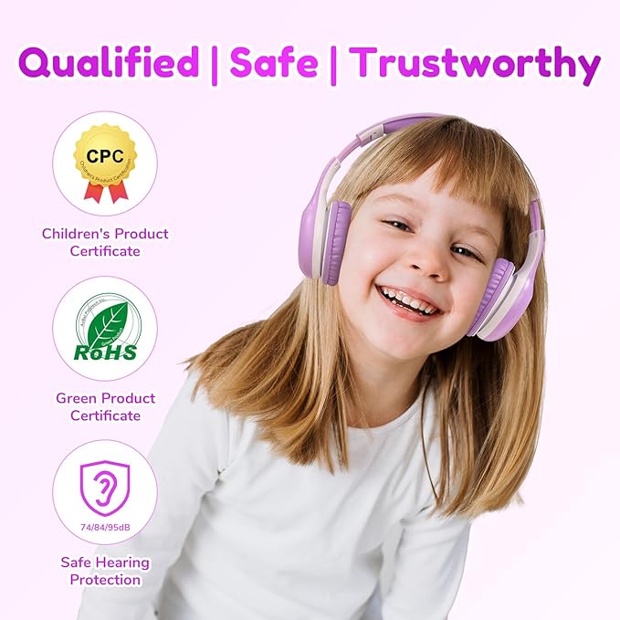 EarFun K2 Kids Bluetooth Headphones, Kids Headphones with Volume Limited, 40H Playtime, Built-in Mic, Stereo Sound, Foldable Over-Ear Headphone for School/Travel/iPad/Tablet, Violet