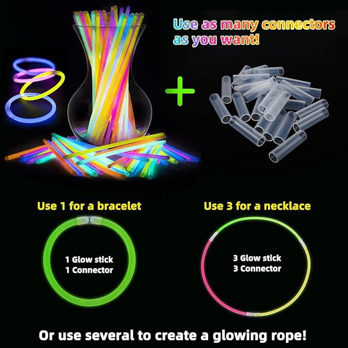 200 Pcs Glow Sticks Bulk Party Pack, 8'' Glow in the Dark Party Supplies, Glow in the Dark Light Up Sticks with Connectors, Party Favors for Birthday, Concert, Raves, Halloween, Christmas