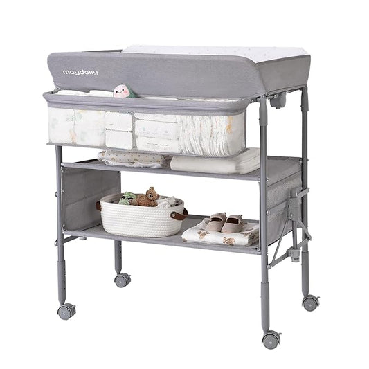 Baby Changing Table with Wheels, Maydolly Portable Foldable Changing Table, Waterproof Diaper Changing Station, Adjustable Height Changing Station, Mobile Nursery for Newborn and Infant (Grey)