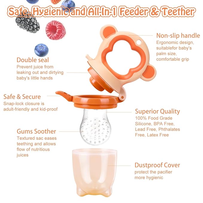 Baby Fruit Food Feeder - Silicone Nibble Tray Combo - Breastmilk Popsicle Mold for Cooling Relief, BPA Free Mesh Feeder for Infant Self Feeding (Monkey Orange + Pineapple)
