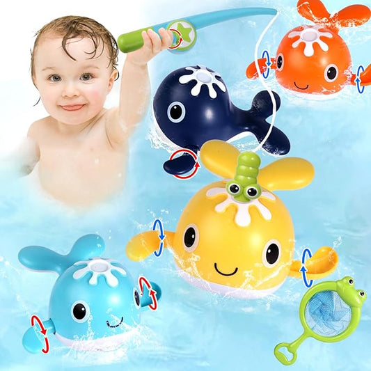 Baby Bath Toys Set, Wind Up Pool Toys for Toddlers 1-3, Kids Magnetic Fishing Toys with 1 Fishing Rod & 1 Net & 4 Brightly Colored Whales, Boys and Girls Birthday Gifts
