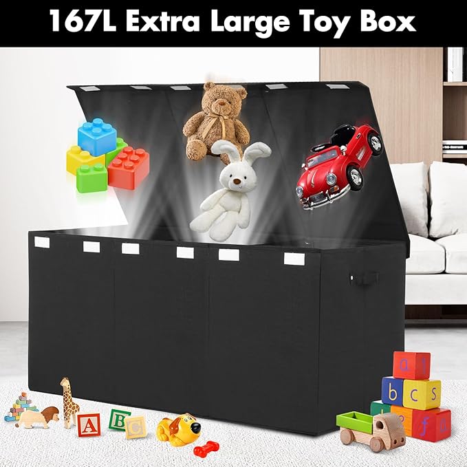 Extra Large Toy Box 167L, Sturdy Toy Storage Chest Organizer Bin Baskets with 2 Removable Divider for Boys, Girls, Kids, Nursery, Bedroom, Playroom, 35.5"x17" x17" (Linen Black)