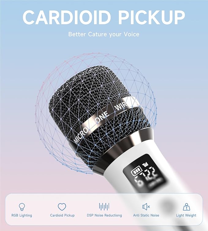 Wireless Microphones, Microphone with One-to-One Chip Connection and LED Lights, 40H Duration, 200FT Range Receiving, Volume Control Karaoke Microphone for Singing, Speech, Home Party, YouTube/TikTok