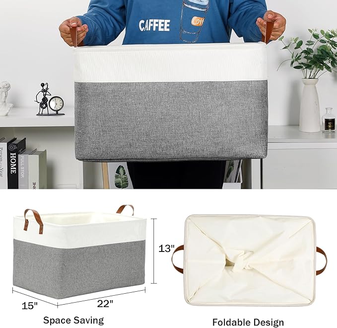 DULLEMELO Extra Large Storage Baskets for Organizing 22"x15"x13" Foldable Fabric Storage Baskets Organizer Bins with Handles Large Storage Basket for Shelves Closet Toys Books (White&Grey)