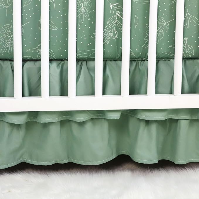 Green Leaf Crib Bedding Set, 4-Piece Baby Boy Bedding Set, Neutral Nursery Bedding Set, Fitted Crib Sheet, Crib Skirt, Baby Quilt, and Diaper Stacker, Sage