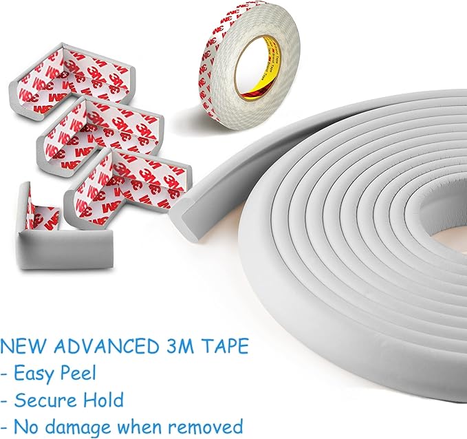 Baby Proof Corners 20.4ft and Edges with Furniture Corner & Edge Safety Bumpers, Impact-Absorbent 18ft Bumper & 8 Foam Corner Protectors, Thick, Odorless Table Edge Protectors for Baby | Grey