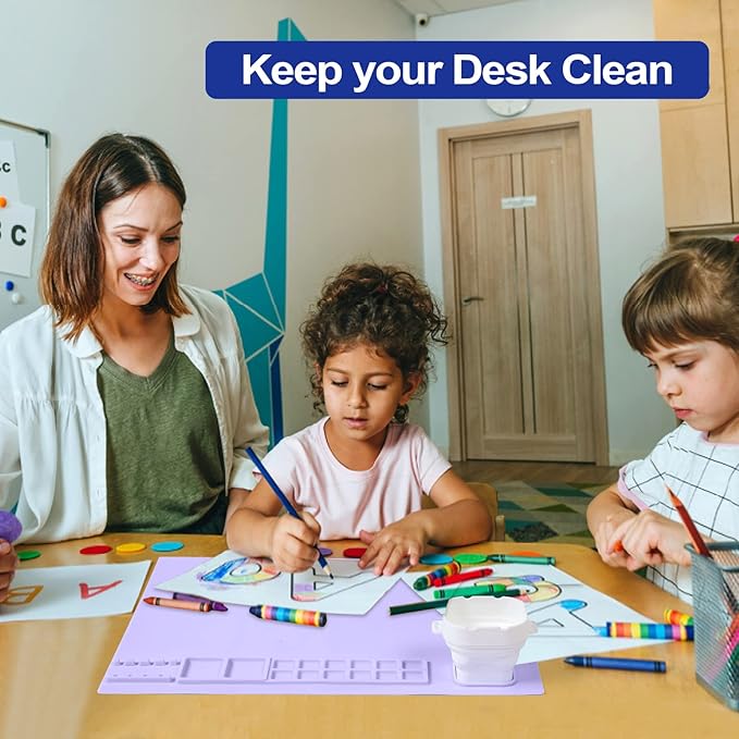 AWOKE Silicone Painting Mat - 20"X16" Silicone Art Mat with 1 Water Cup for Kids - Craft Mat has12 Color Dividers - 2 Paint Dividers (Purple)