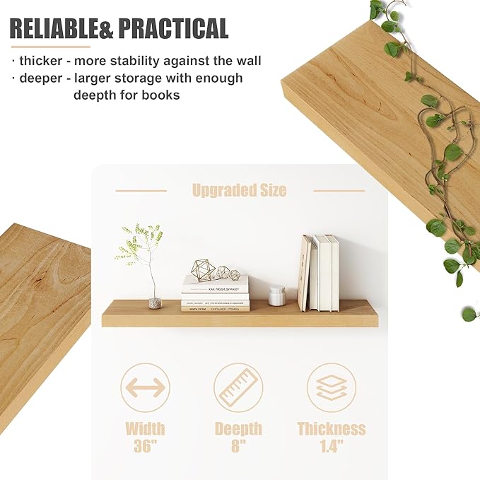Floating Shelves for Wall, USA-Sourced Brich Wood 36 Inch Long Wall Shelves Set of 2, Natural Wooden Mounted Picture Ledge Shelf, Nursery Book Storage Shelf Kids Bookshelf, Display Shelf