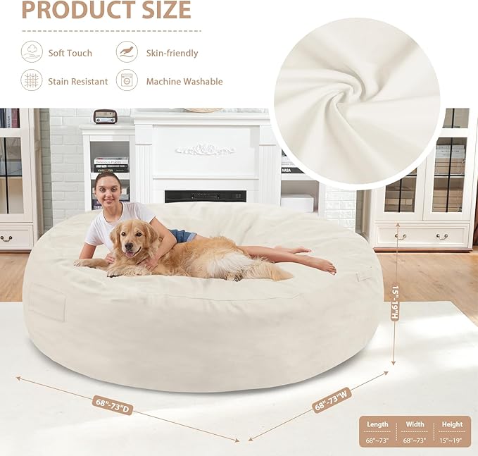 7FT Bean Bag Chair, Large Bean Bag Chairs with Memory Foam Filled, Fluffy Beanbag Sofa with Dutch Velvet Cover, Round BeanBag Chairs for Living Room, Playroom - Beige