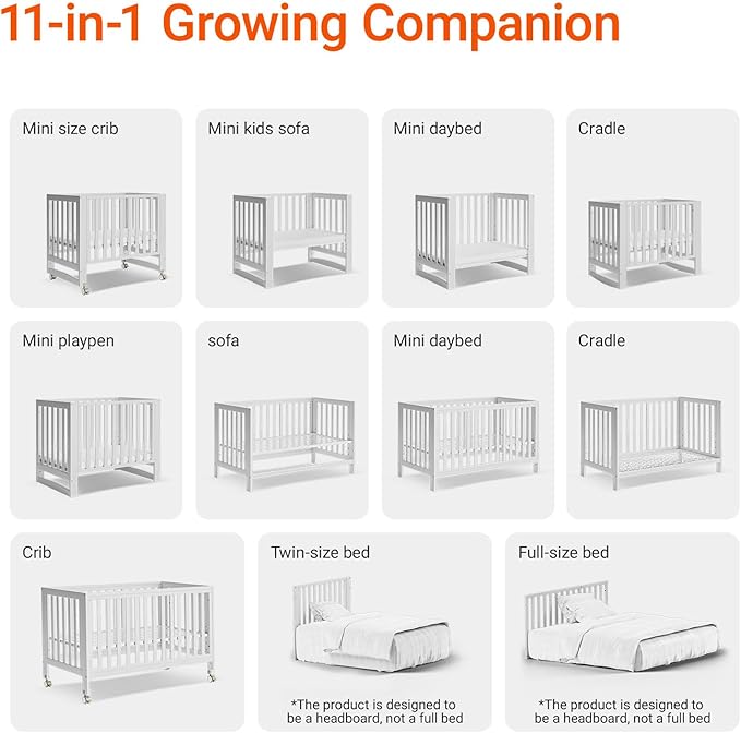 EvoNest Baby Crib, 11 in 1 Convertible Mini Crib with Wheels, 100% New Zealand Wood Growing Bed, 4 Adjustable Mattress Height,White