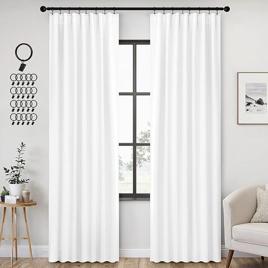 ANRODUO Back Tab Blackout Curtains for Bedroom Living Room, Rod Pocket Pinch Pleated Thermal Insulated Room Darkening Curtains 90 Inches Long 2 Panels, White, 42 x 90 Inch